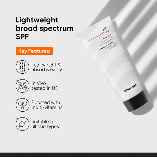 Minimalist Sunscreen SPF 50 PA+++ with Niacinamide & Multi-Vitamins | Clinically Tested in US (In-Vivo) | Lightweight with Multi-Vitamins | No White Cast | Broad Spectrum | Face Sunscreen for Men & Women | 30gm