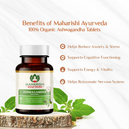 Maharishi Ayurveda Organic Ashwagandha | 100% Organic| General Wellness Tablets| Rejuvenates Mind & Body | Made with Pure Herbs | 120 Tablets (Pack of 2)