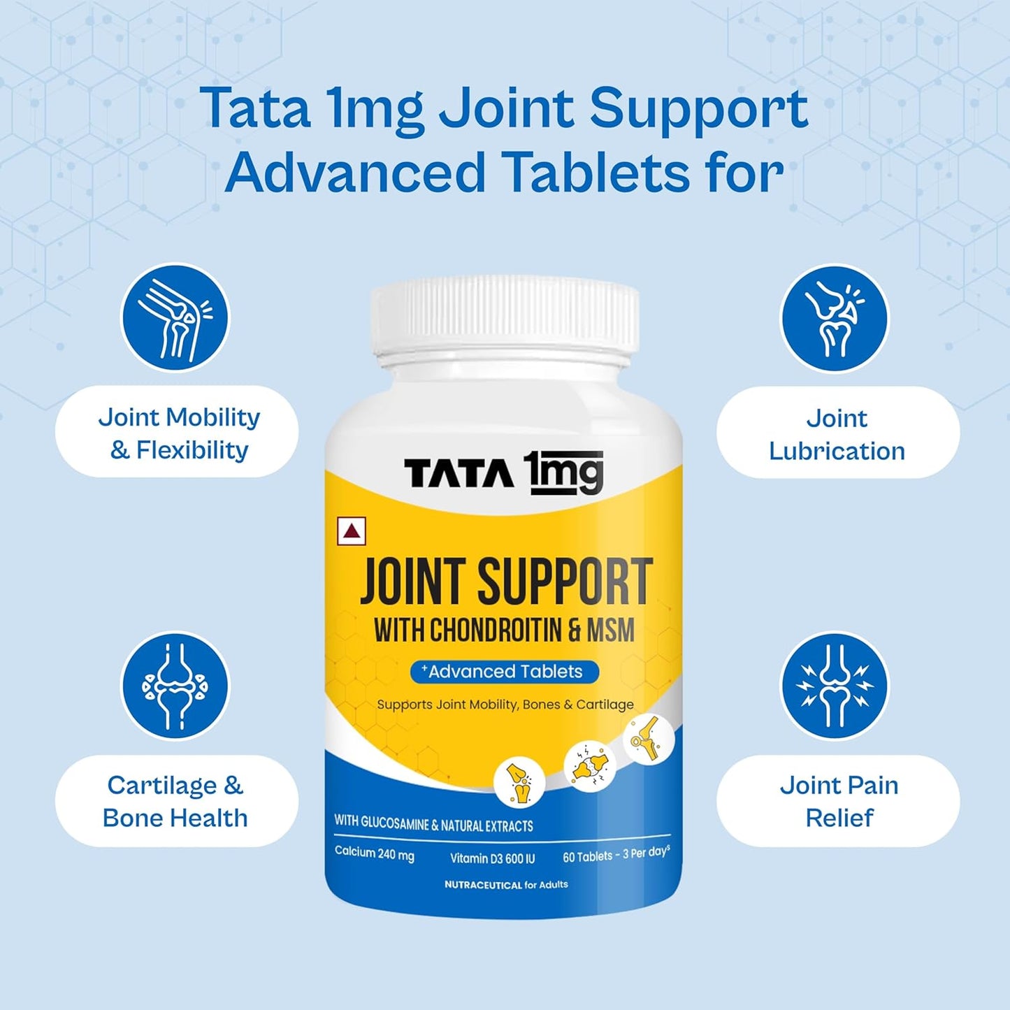Tata 1mg Joint Support Advanced Tablet with Glucosamine, MSM, & Chondroitin, For Men & Women, Pack of 60 Tablets