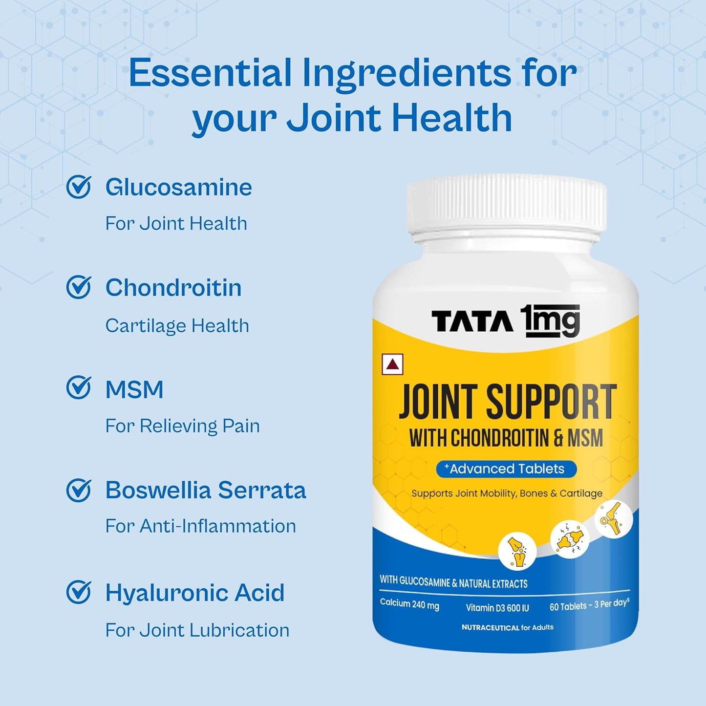 Tata 1mg Joint Support Advanced Tablet with Glucosamine, MSM, & Chondroitin, For Men & Women, Pack of 60 Tablets